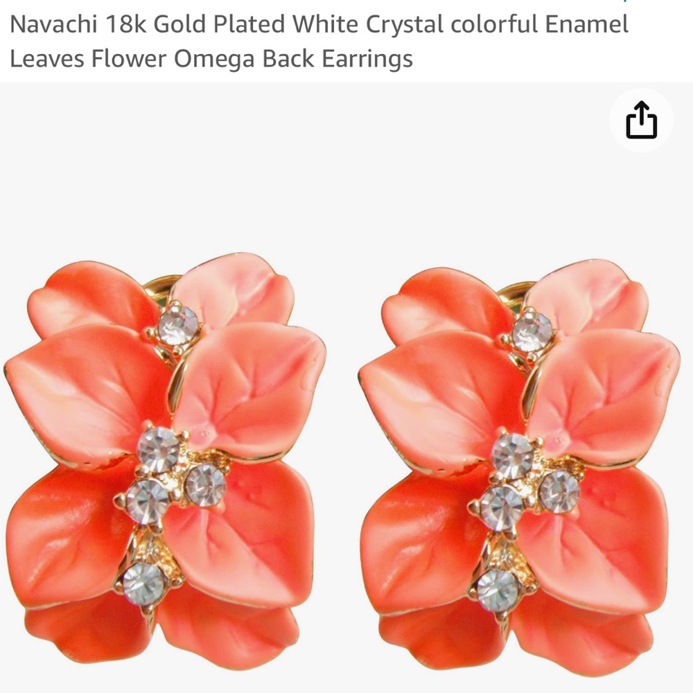 NIB 18K Gold Plated Crystal Orange/Peach    Enamel, Omega Back Pierced Earrings